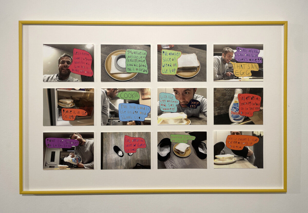 Framed image of a collection of photos for a piece titled 'How not to make an egg sandwich'