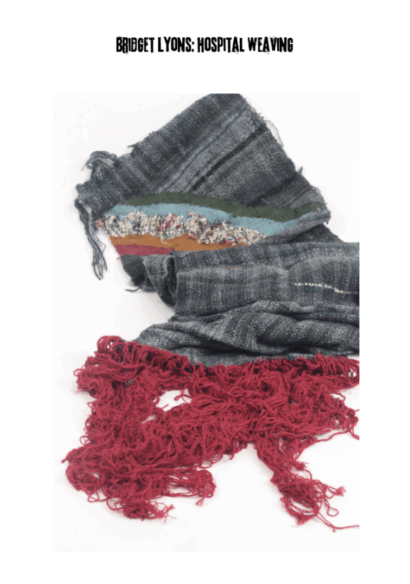 Photo of woven textiles in grey and red, from Sally Hirst's zine; Warped