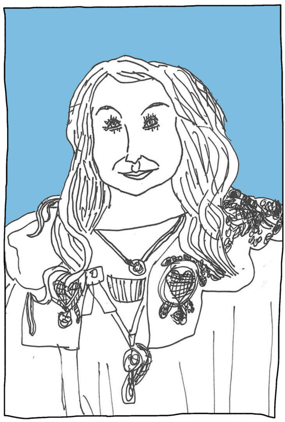 a black and white line drawing of a woman with a blue background