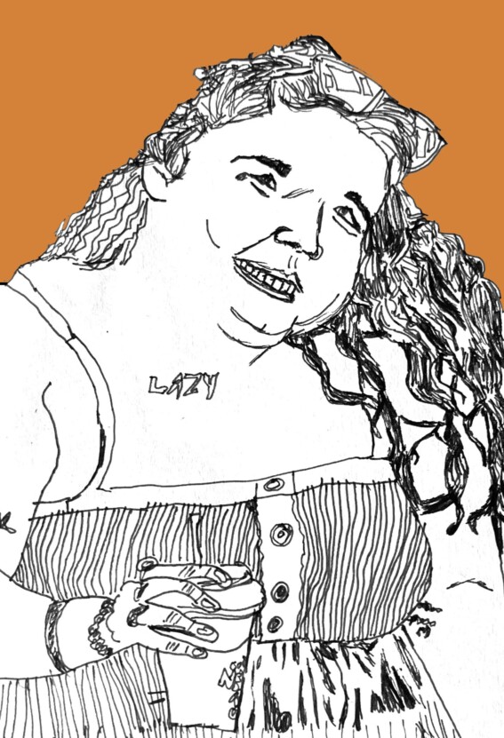 Black and white line drawing of a woman against an orange background