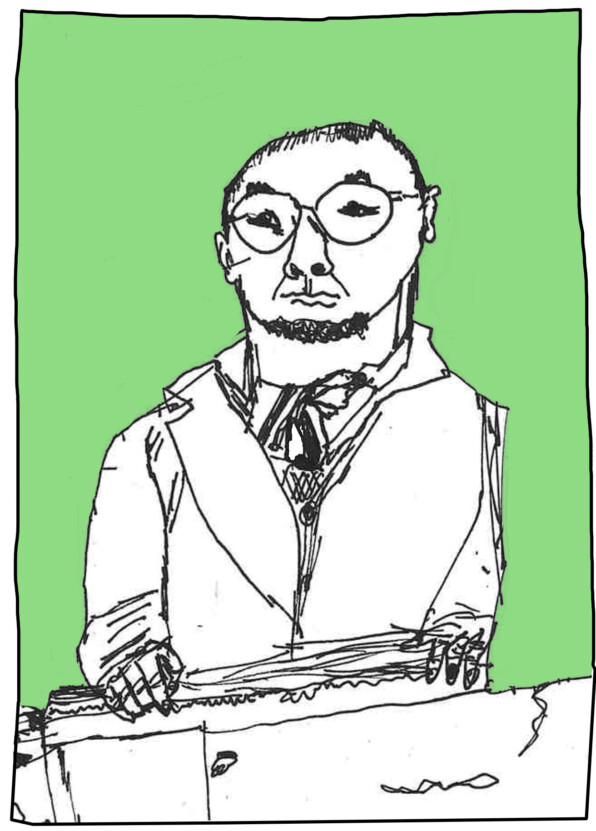 a line drawing of a man with a green background