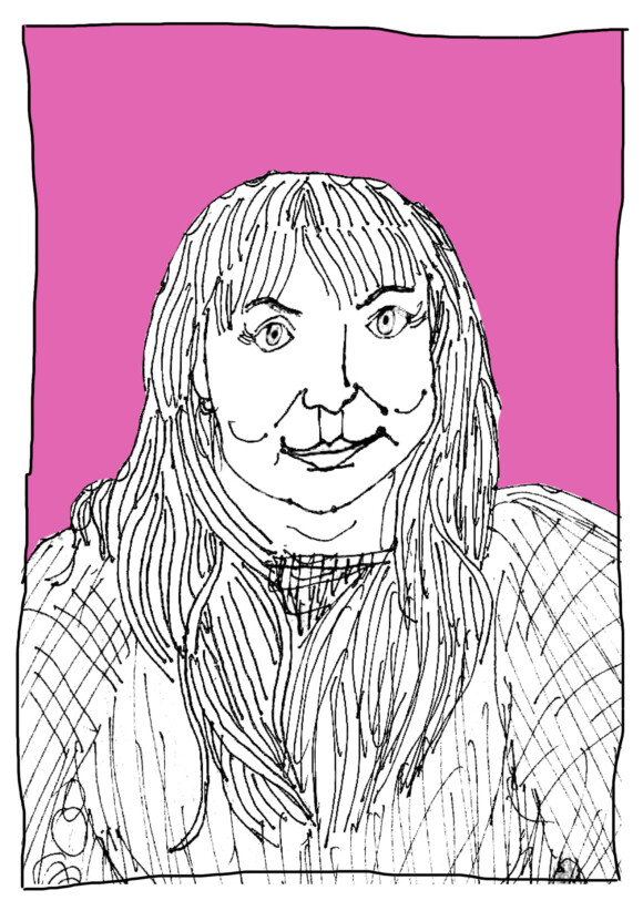 line drawing of a woman with long hair set against a pink background