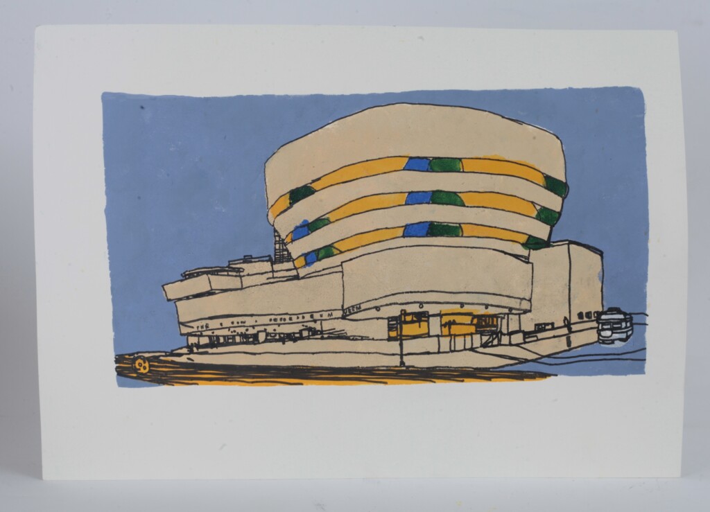 A3 Print of Armaghan Butt's stencil print of the Guggenheim Museum, showing a building against a blue background