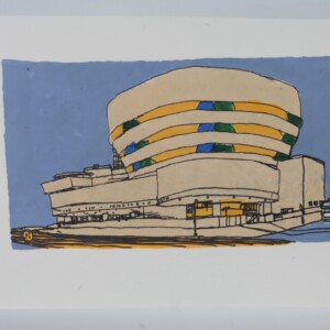 A3 Print of Armaghan Butt's stencil print of the Guggenheim Museum, showing a building against a blue background