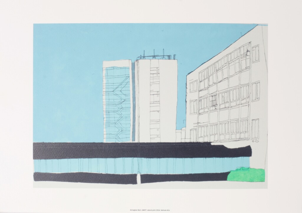 A3 reproduction print of Armaghan Butt's stencil print of the UMIST building