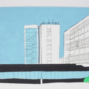 A3 print of Armaghan Butt's UMIST stencil print showing a building against a blue background