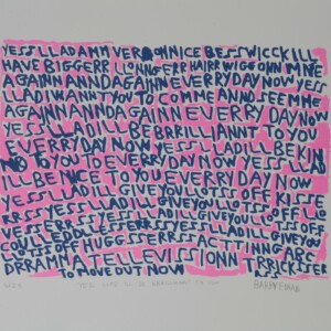 Original limited edition screen print by Barry Finan - YESS LLAD ILL BE BRRILLIANNT TO YOU, featuring blue writing on a pink background