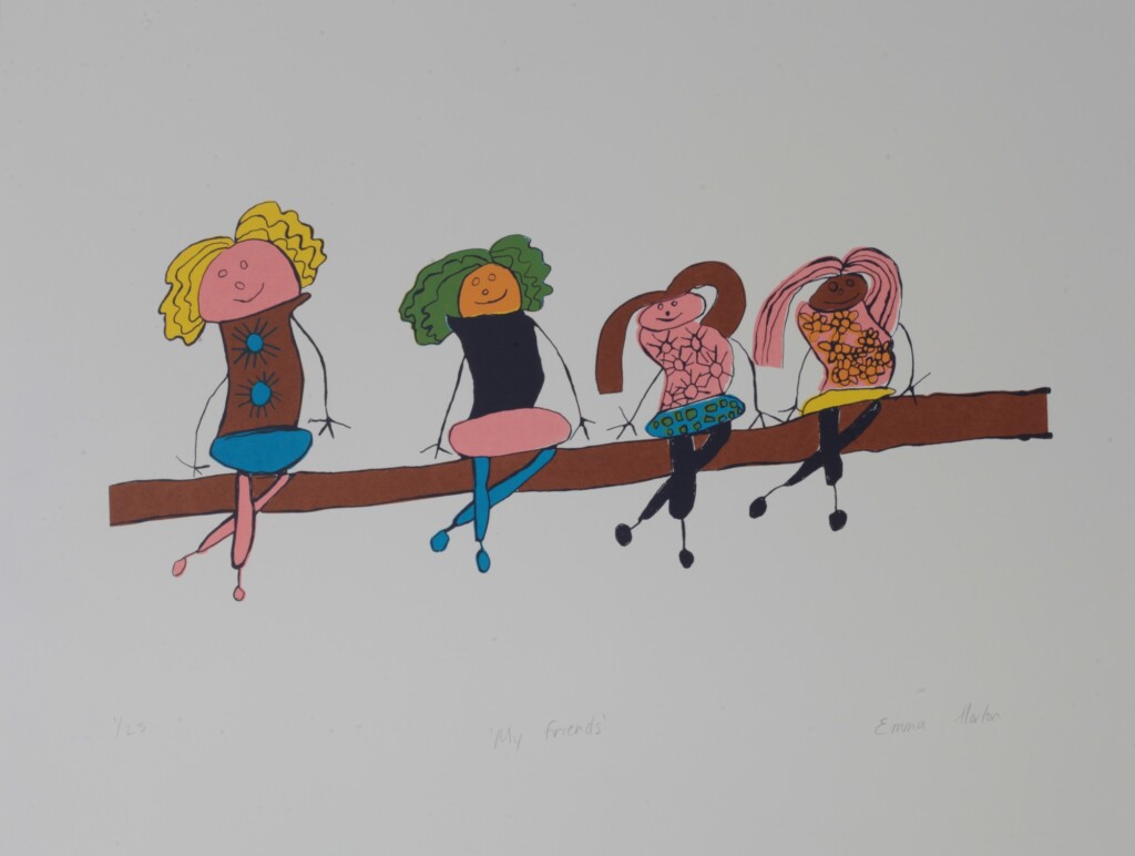 Original artwork by Emma Horton - limited edition screen print 'My Friends', showing four colourful ladies sitting next to each other