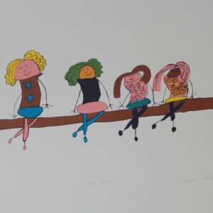Original artwork by Emma Horton - limited edition screen print 'My Friends', showing four colourful ladies sitting next to each other