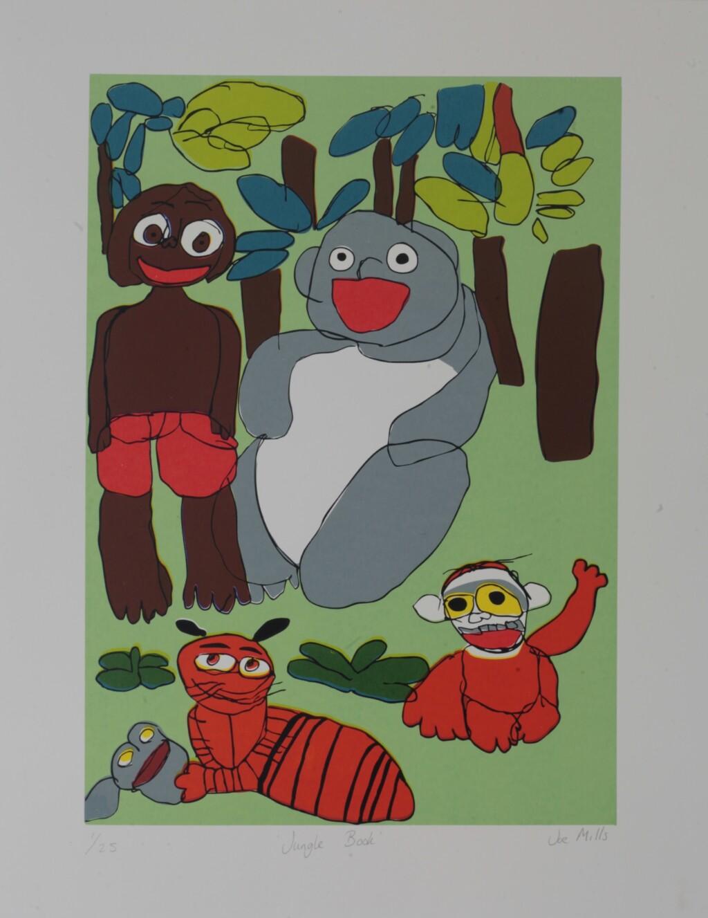 Original artwork by Joe Mills - limited edition screen print 'Jungle Book', showing characters from Jungle Book against a green background