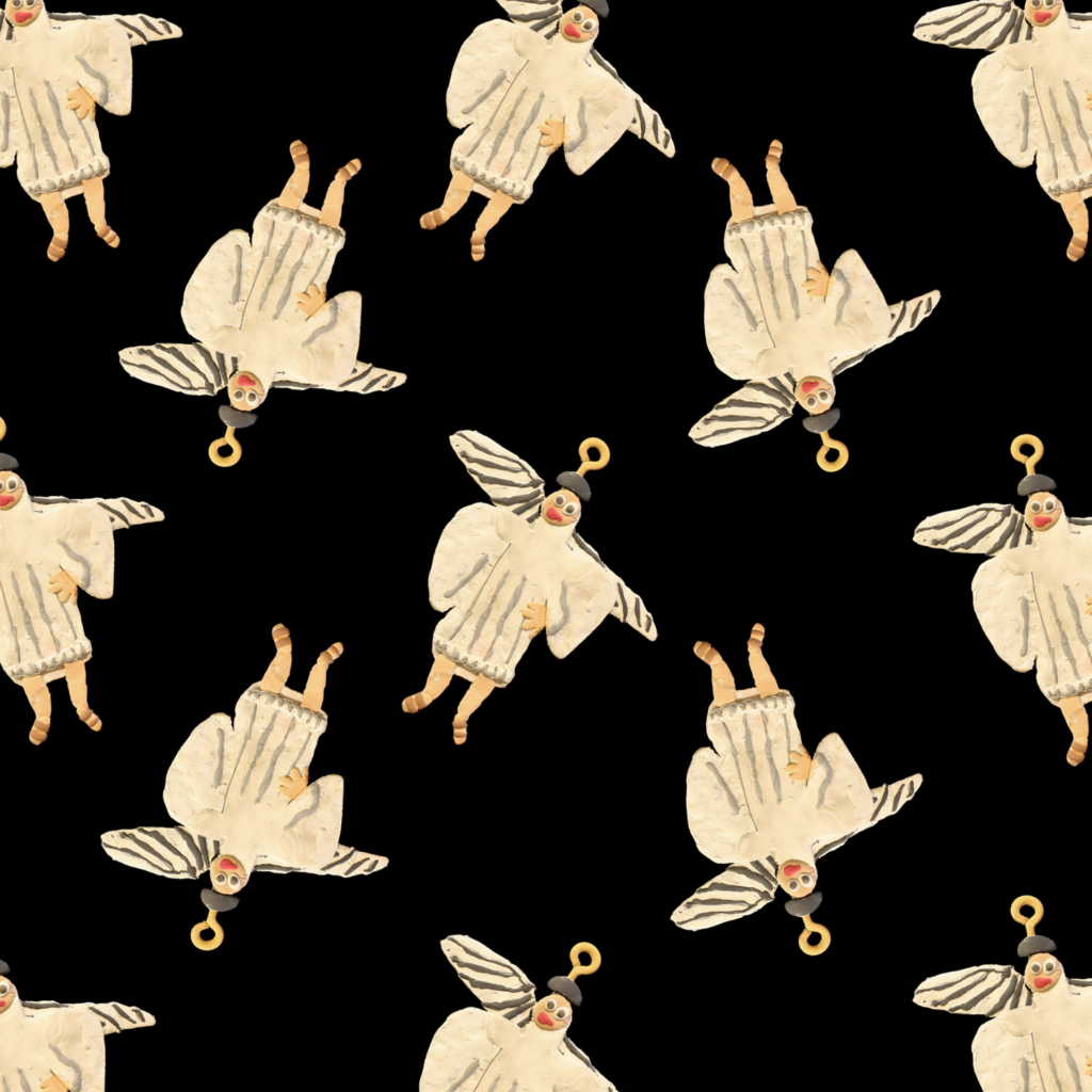 Greetings card of Horace Lindezey's Frank Spencer angel - repeated design against a black background