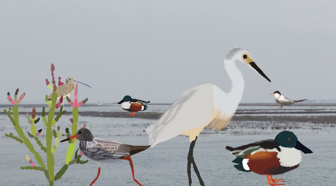 A painting - Lagoon - by Michael Nash. The painting features a group of different kinds waterbirds on a lake. The artwork is being exhibited at Millennium Gallery, Sheffield as part of Artworks Together International Exhibition.