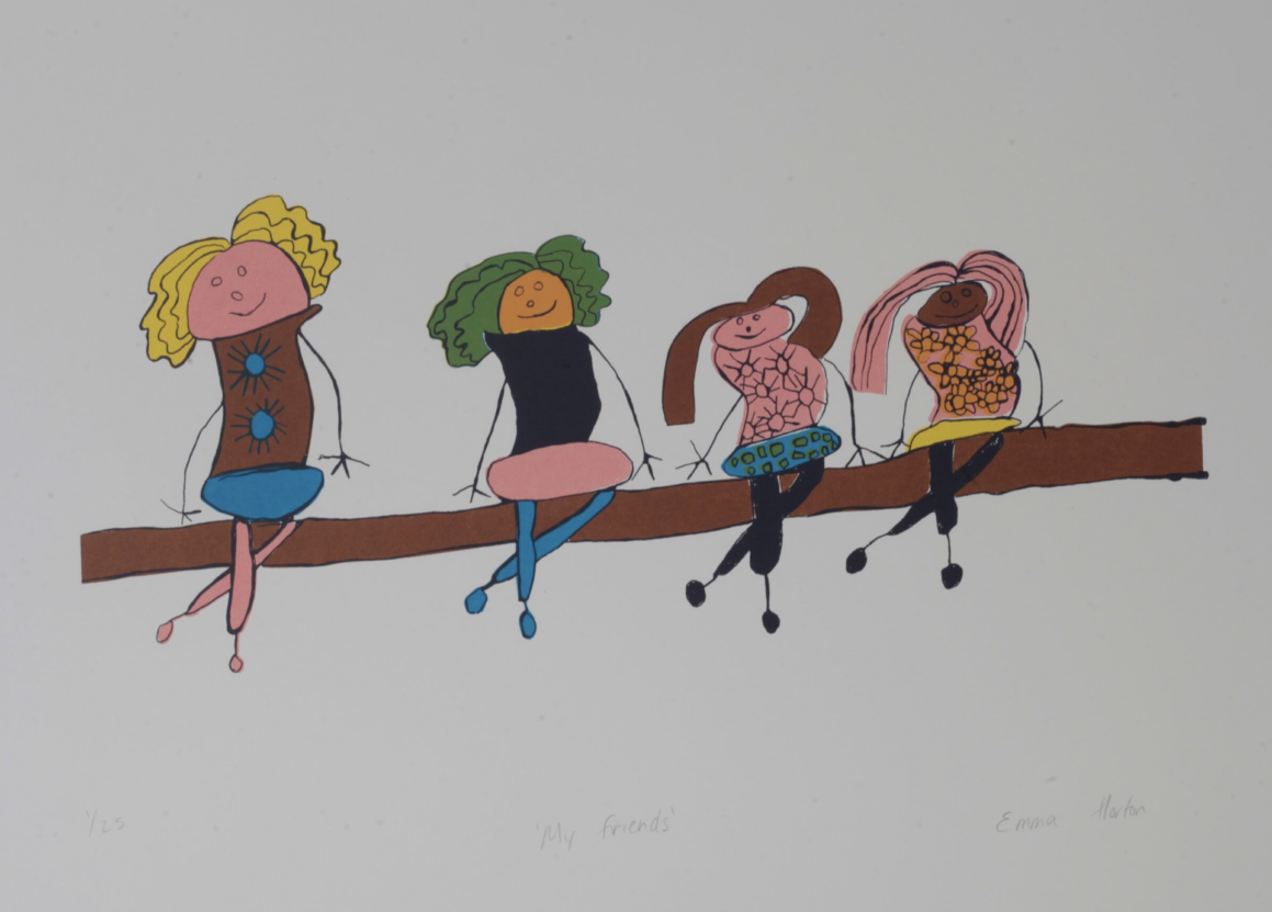 Emma Horton's work My Friends is on display at Venture Arts Presents: Our Full Studio show at The Old Parsonage. The drawing is of four different women sitting on a brown bench or tree branch with their legs crossed. They all wear different coloured skirts and tops and have different coloured faces and hair.