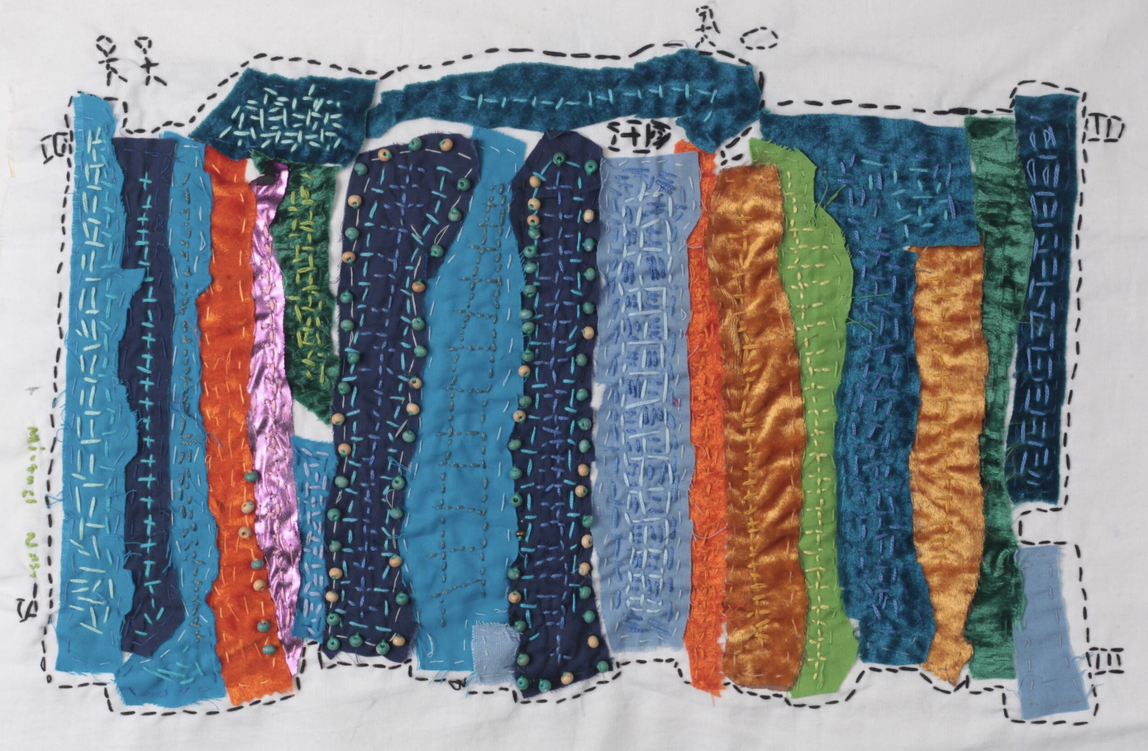 Michael Nash's artwork My Pool will be on display at Venture Arts Presents Full Studio Show. The artwork is a textiles piece made up of different coloured lines of fabric, primarily in shades of blue, with also some in orange, green, pink and red.