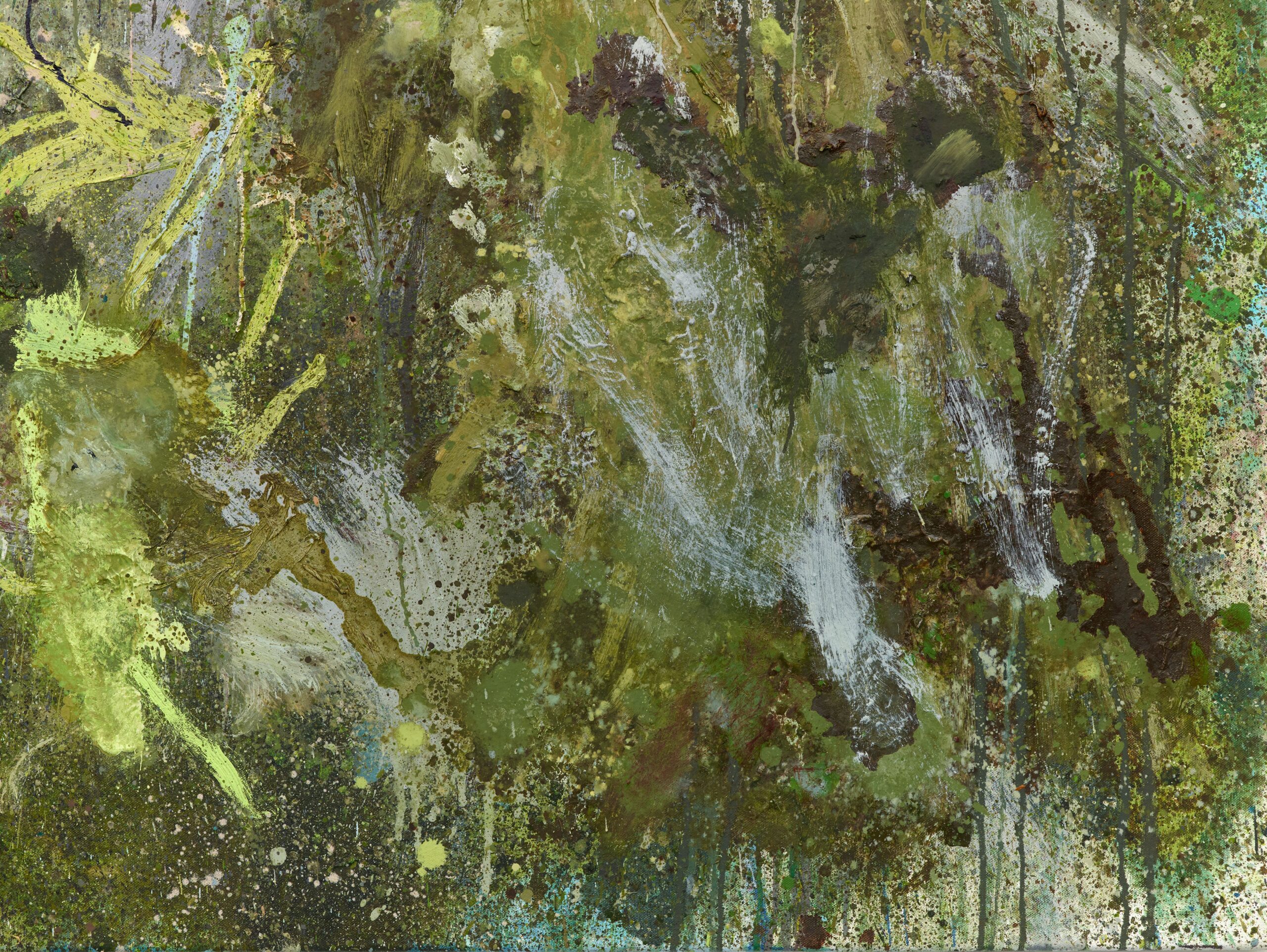 Adam Rawlinson's work for Out Here at Castlefield Gallery. This abstract work - entitled Some trees are so tall, while others they stay small - is made up of different shades of green and grey tones in oil paints on a canvas.