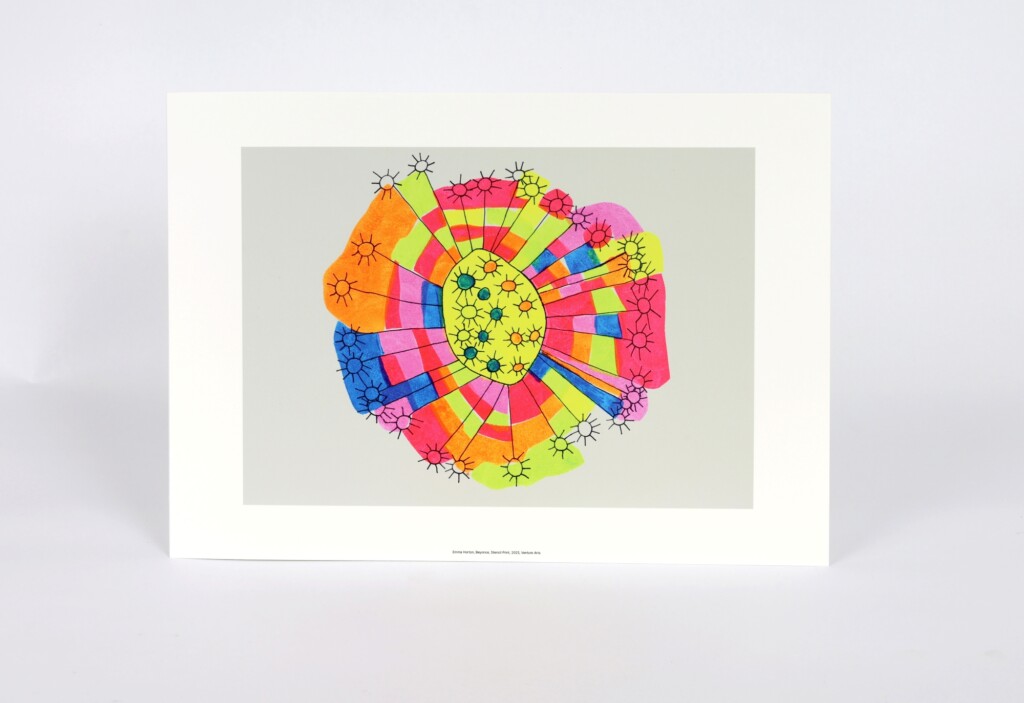 A3 reproduction print of Emma Horton's stencil print 'Beyonce', featuring a bright burst of neon colours
