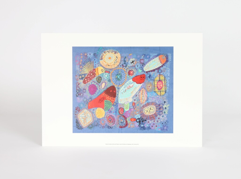 A3 reproduction print of Florence Haskins artwork 'Birds and Flowers' featuring embroidery and applique on a blue background