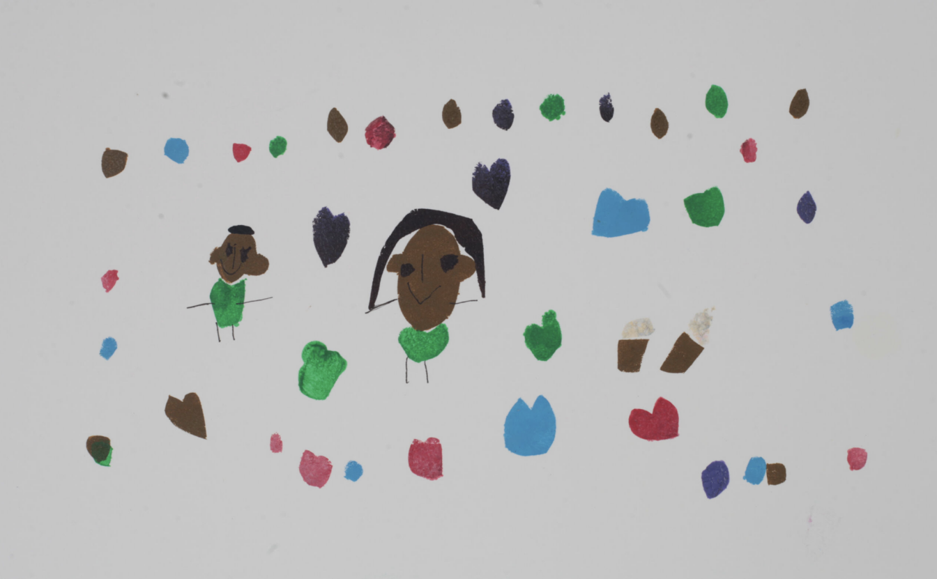 A stencil print artwork created by Rhea Holmes entitled Love Birds. There are two figures with brown skin and black hair on white paper. They are surrounded by different coloured heart and circle shapes.