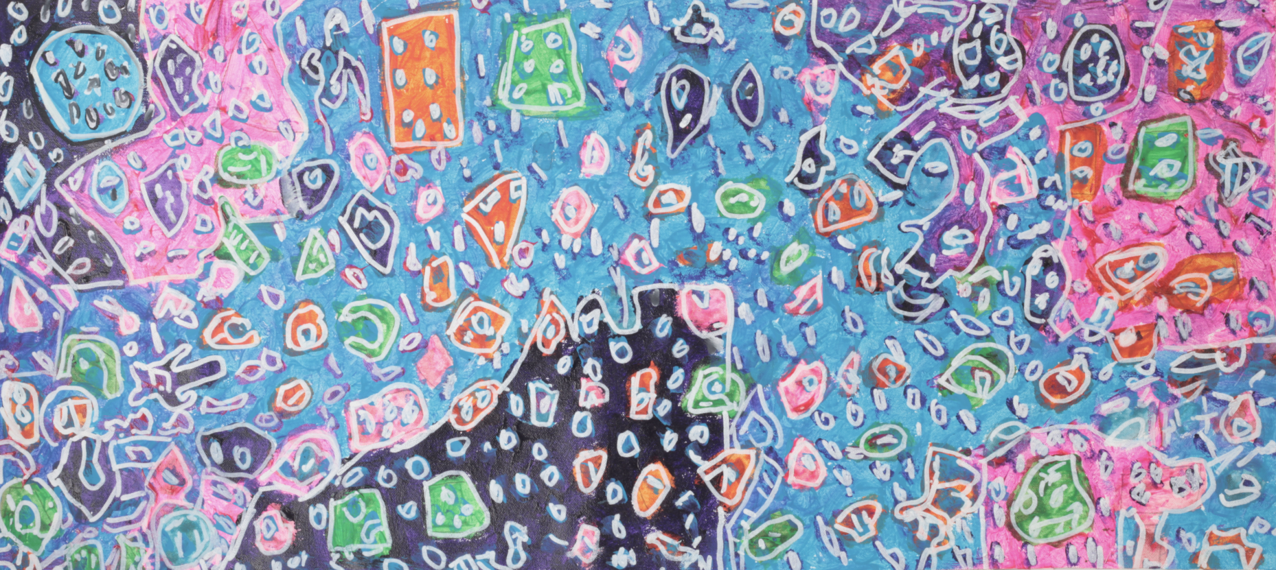 An abstract untitled mixed media artwork by Maureen Callaghan made up of light pink, orange, lime green and purple irregular shapes on a blue pink and aubergine coloured background.
