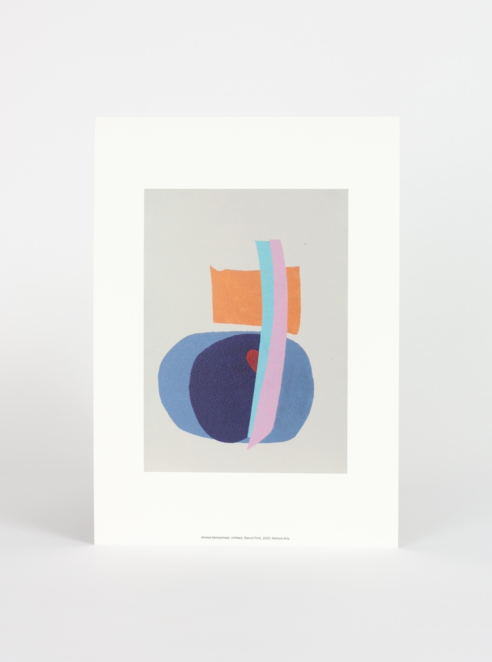 A4 reproduction print of Ahmed Mohammed's untitled stencil print, with block shapes in blue and orange