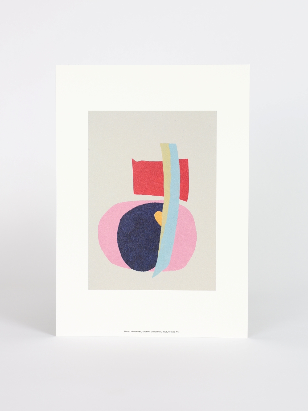 A4 reproduction print of Ahmed Mohammed's untitled stencil print, with block shapes in pink, red and navy blue