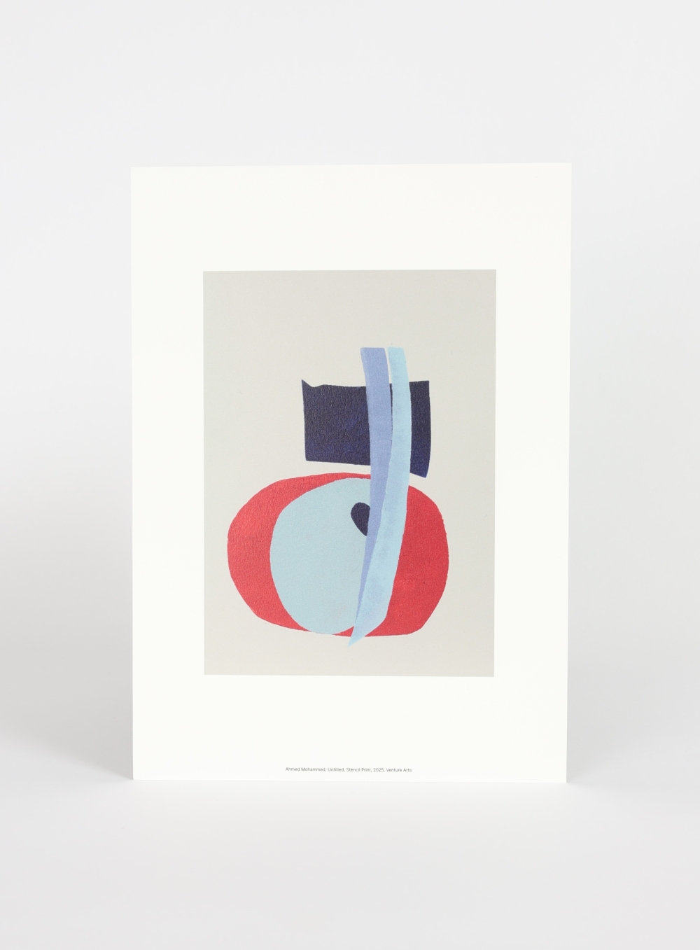 A4 reproduction print of Ahmed Mohammed's untitled stencil print, with block shapes in red, navy and pale blue