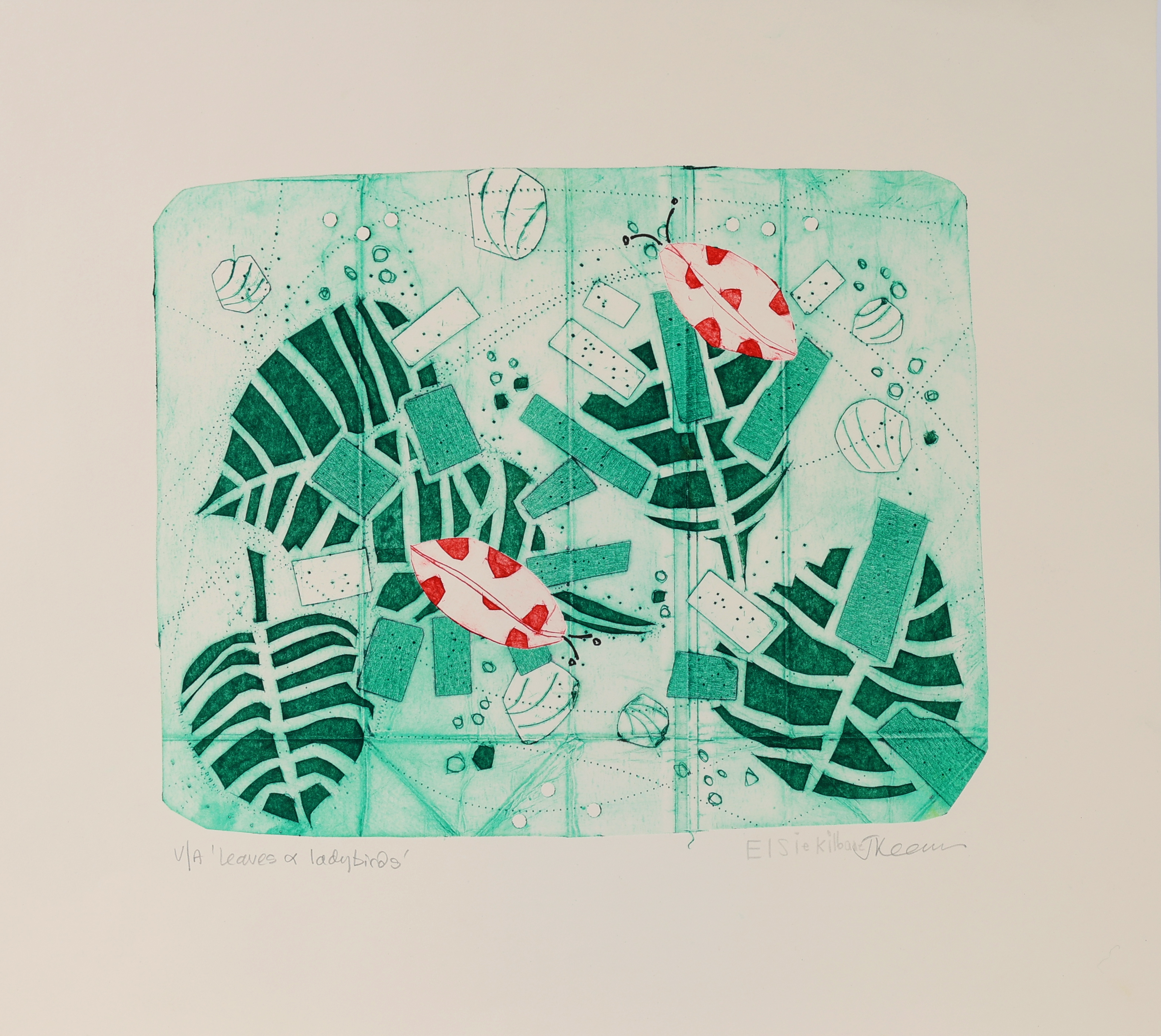 Leaves and Ladybirds by Elsie Kilbane (2026). Stencil print on card 350x400mm