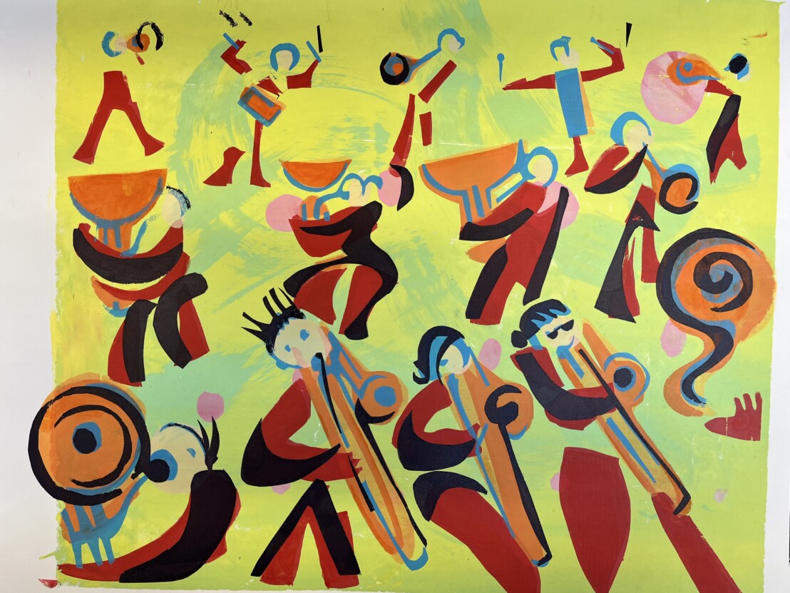 A screen print by Venture Arts collaborating artist, Alison Scott. The abstract print is called Marching Band and shows different figures playing instruments.