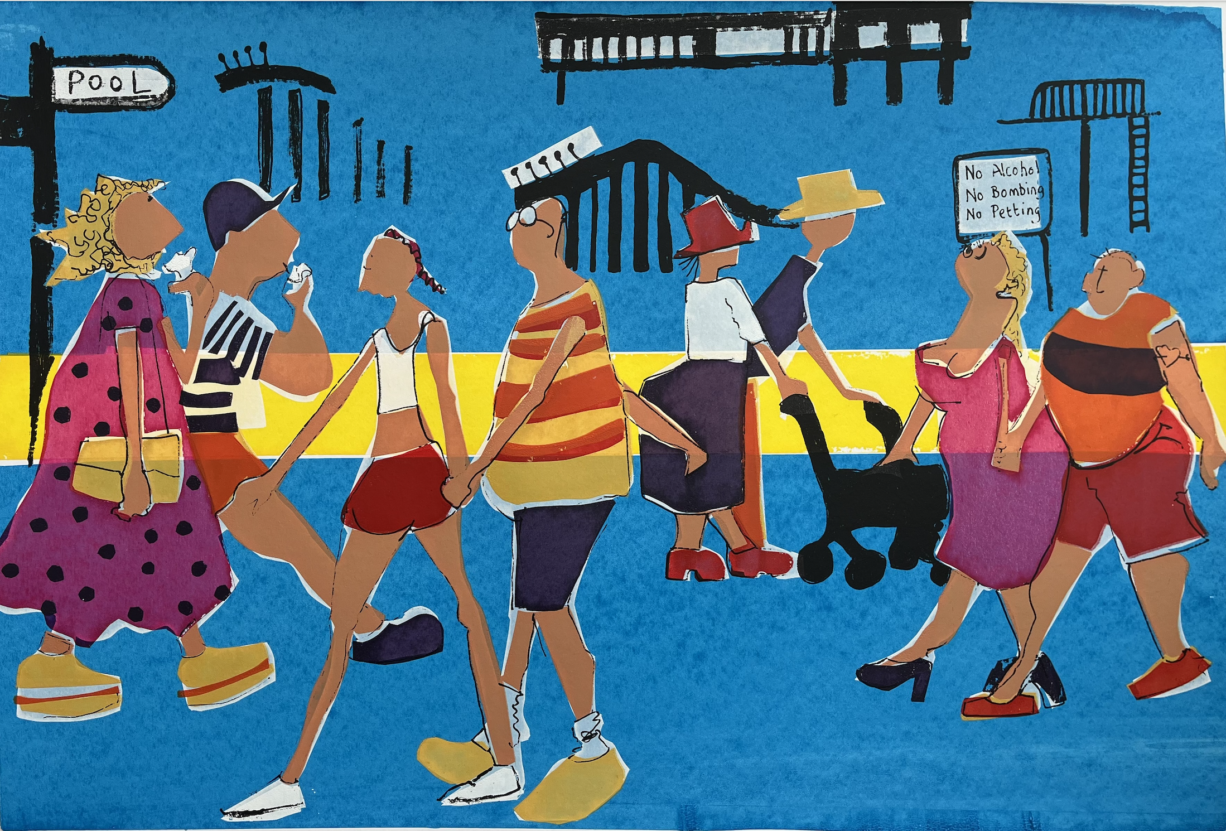 A screen print by Venture Arts collaborating artist Alison Scott. The print is entitled Promenade and features eight people walking along a promenade.