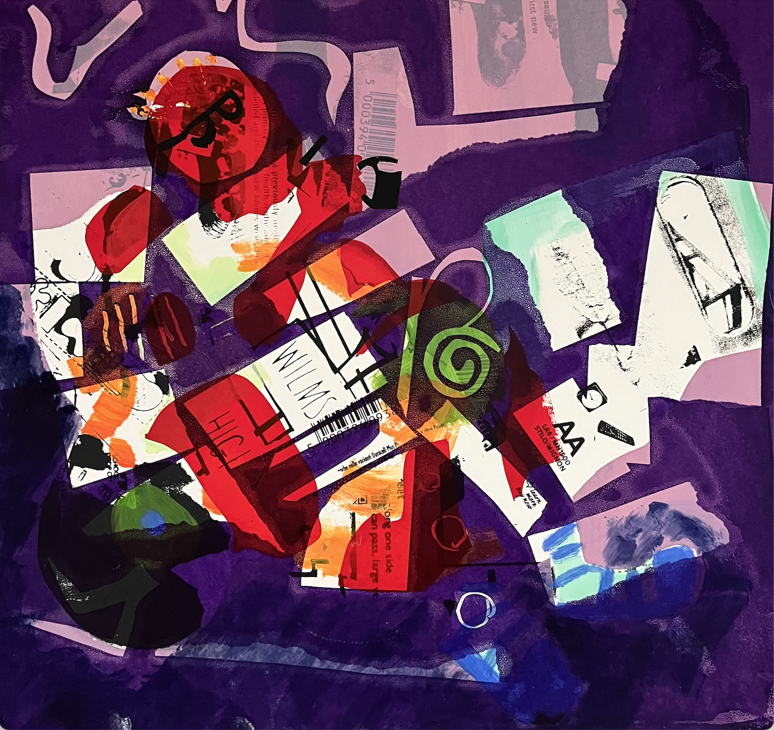 A screen print, entitled cuppa tea and a fag, created by Venture Arts collaborating artist, Alison Scott. An abstract print that uses purple, red, white, red and pink.