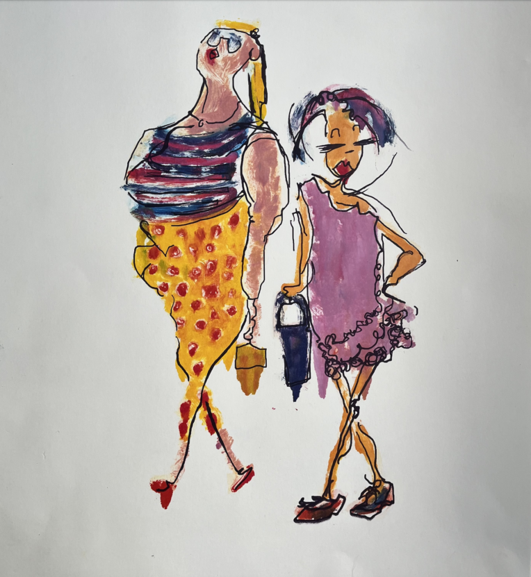 A screen print entitled Girls Night Out, by Venture Arts collaborating artist, Alison Scott. The print features two women - a taller woman with blond hair wearing a yellow and red skirt and a purple and red striped top and a shorter woman with purple hair and a pink dress. Both woman carry a handbag and the background of the image is white.