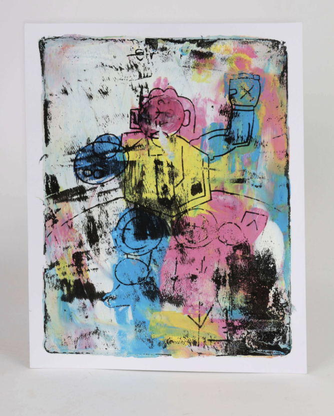 A gel print by Venture Arts studio artist Shannon Ratcliffe. An abstract print using pink, yellow, black, blue, orange neon toned colours.