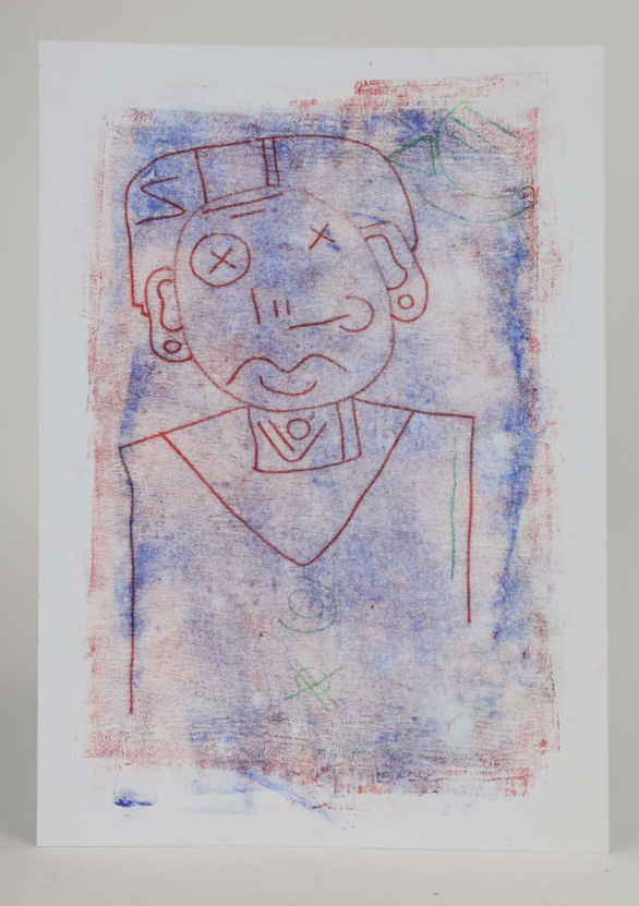 A gel printing mono print by Venture Arts studio artist Shannon Ratcliffe. The print uses red and blue colours and shows the outline of the head and shoulders of a person.