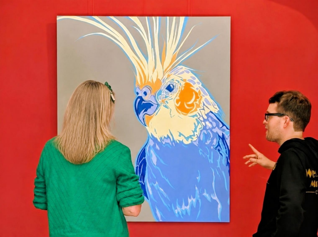 Venture Arts artist George Parker-Conway with artist Toni Miller at her exhibition, Closer Still at The Old Parsonage.