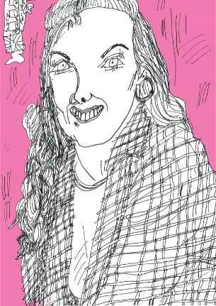 A black and white illustration of Venture Arts Lucy Niemczyk on a pink background.