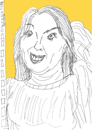 A black and white head and shoulders illustration of Venture Arts Marketing Manager Kristy Stott, on a yellow background.