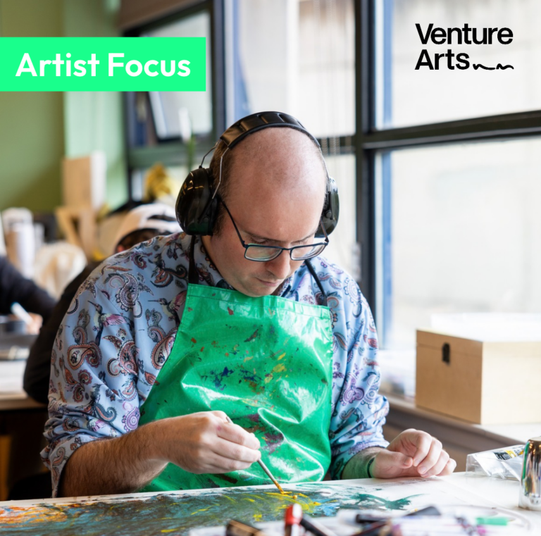 Venture Arts studio Artist Michael Beard painting in the Venture Arts studio.